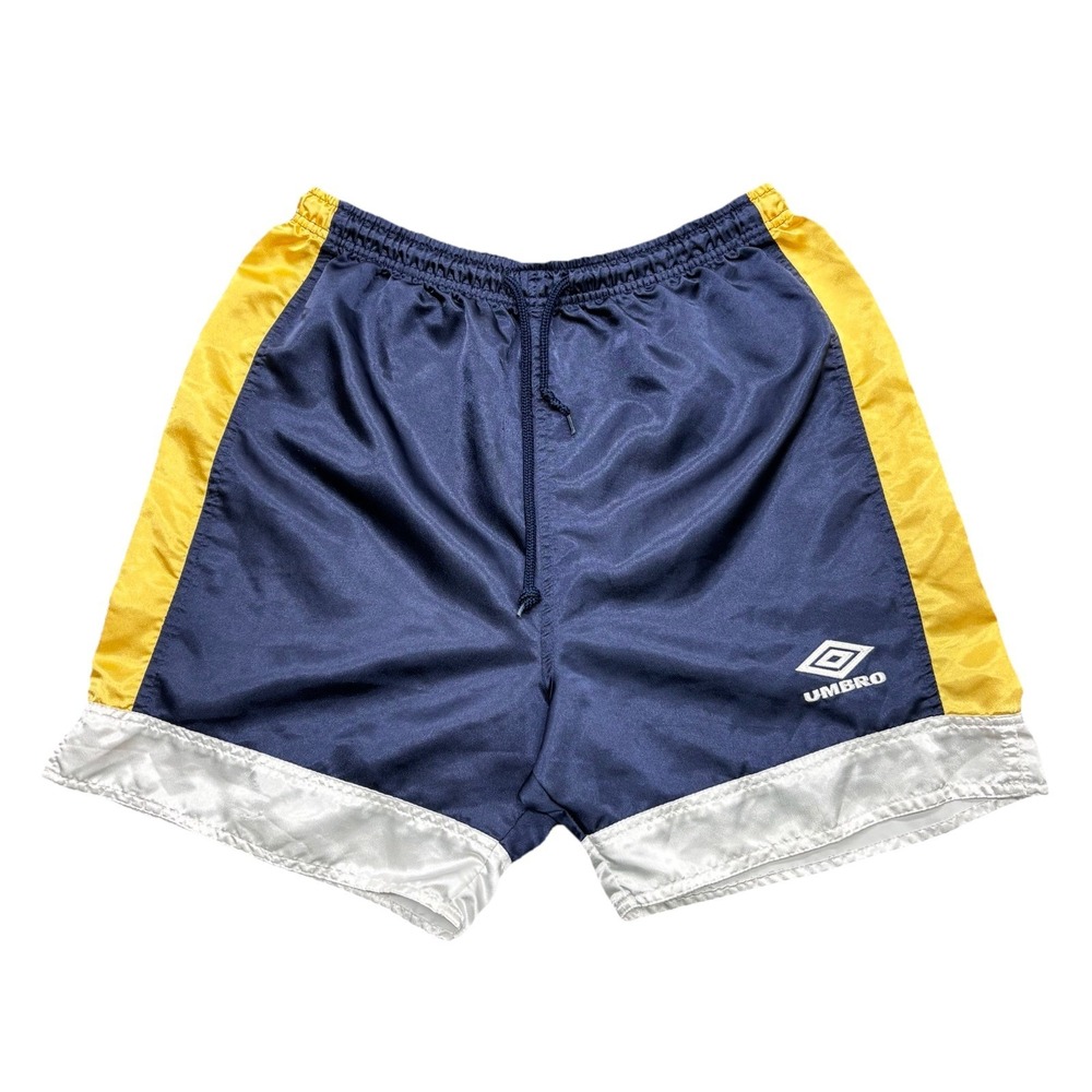 Vintage Y2K Umbro Gold Blue Satin Shorts Soccer Gym Logo White Trim Size M